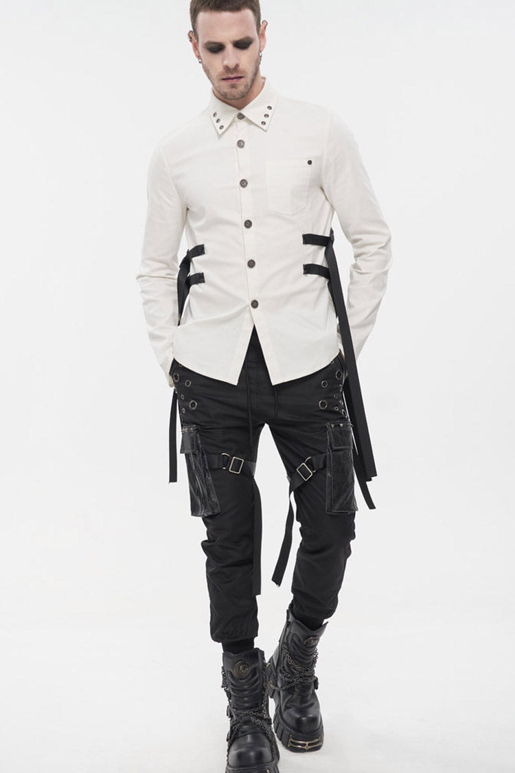 Black Punk Multi-Pocket Leather Splicing Metal Leg Ring Men's Pants - Black - 7