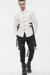Black Punk Multi-Pocket Leather Splicing Metal Leg Ring Men's Pants - Black - 7