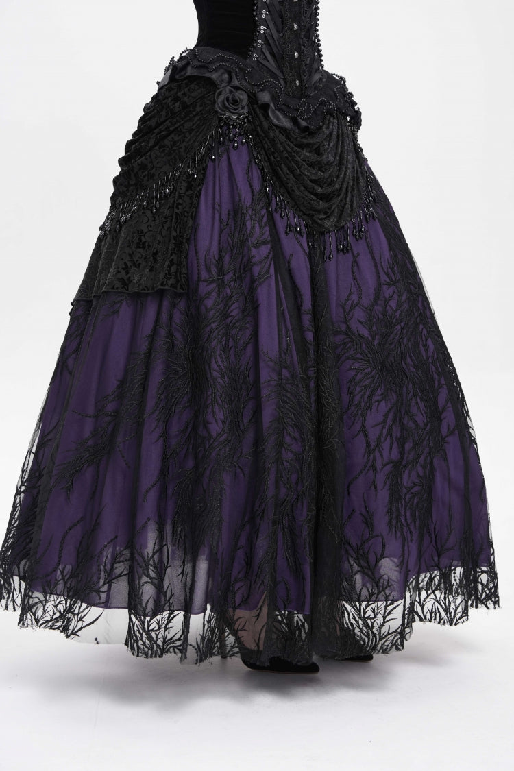 Black/Purple Floral Embroidered Beaded Women's Gothic Long Skirt - Product - 3