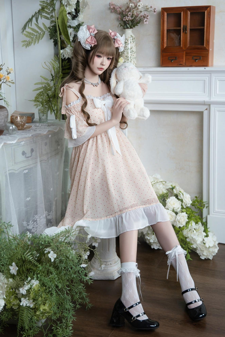 Pink Off Shoulder Short Sleeves Polka Dots Printed Ruffled Bow Lace Sweet Elegant Palace Lolita Dress - Product - 5