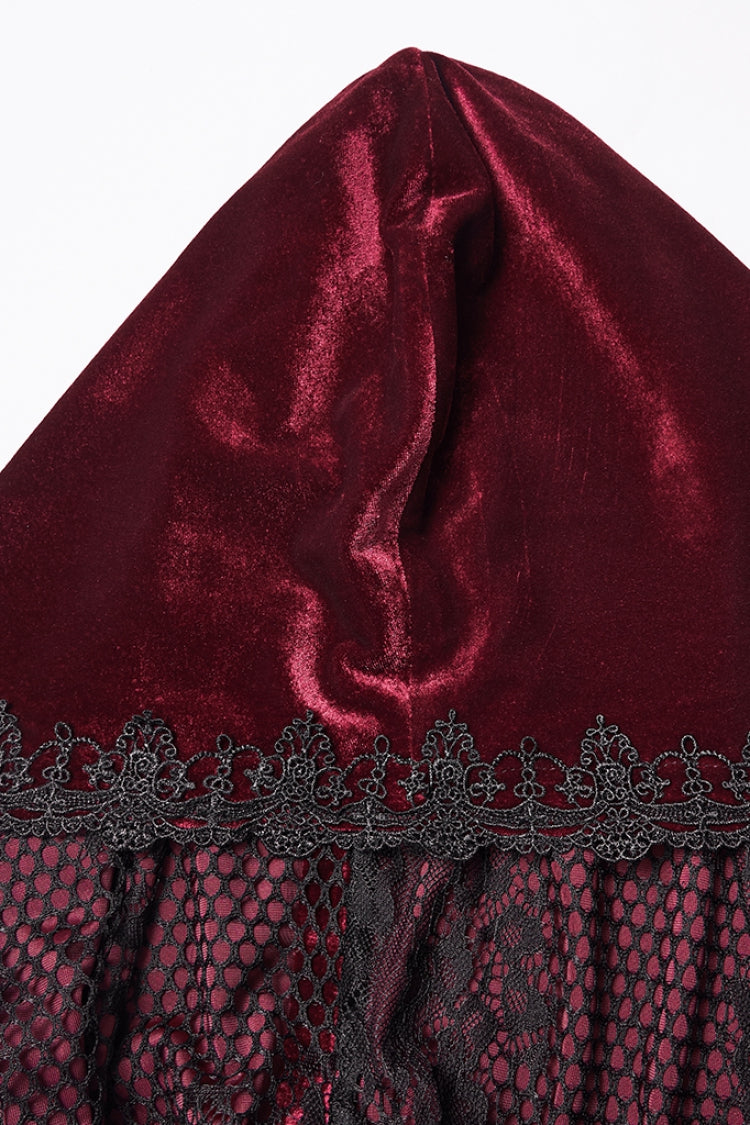 Red Floral Embroidery Diamante Velvet Hooded Women's Gothic Cloak - Product - 4