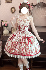 Ivory/Red [Strawberry Bear] Sleeveless Print Ruffle Embroidery Bowknot Lace Sweet Lolita Jsk Dress - Product - 3