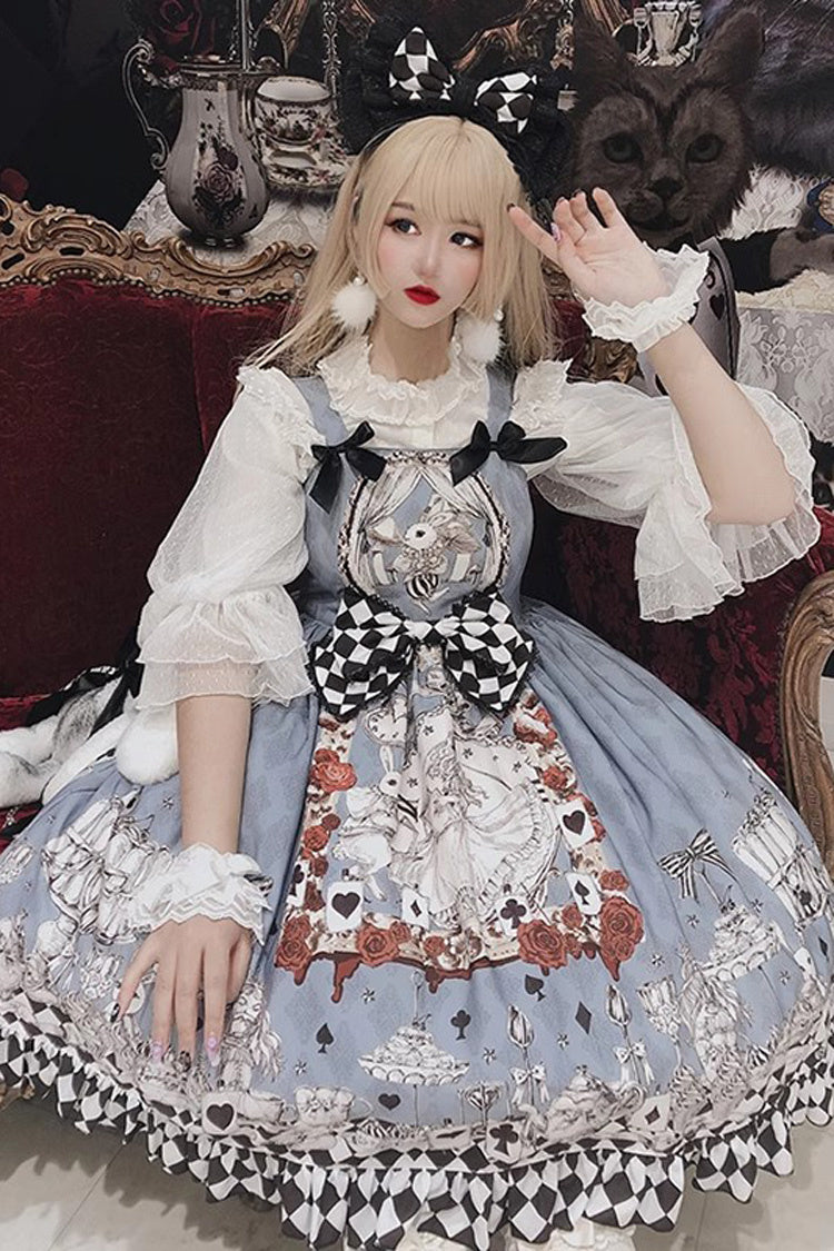 Multi-Color Blue Alice Bunny and Princess Party Print Sleeveless Bowknot Classic Gothic Lolita JSK Dress - Product - 6