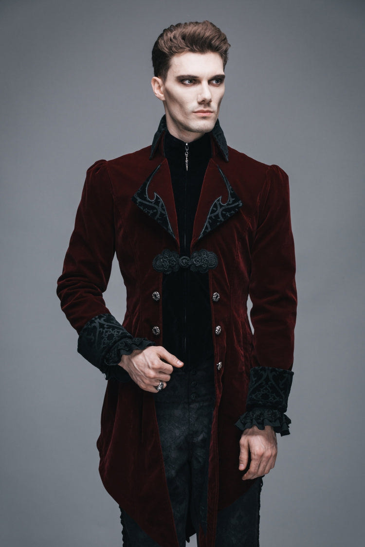 Wine Formal Party Turn Down Collar Long Sleeves Mens Gothic Swallowtail Coat - Product - 12