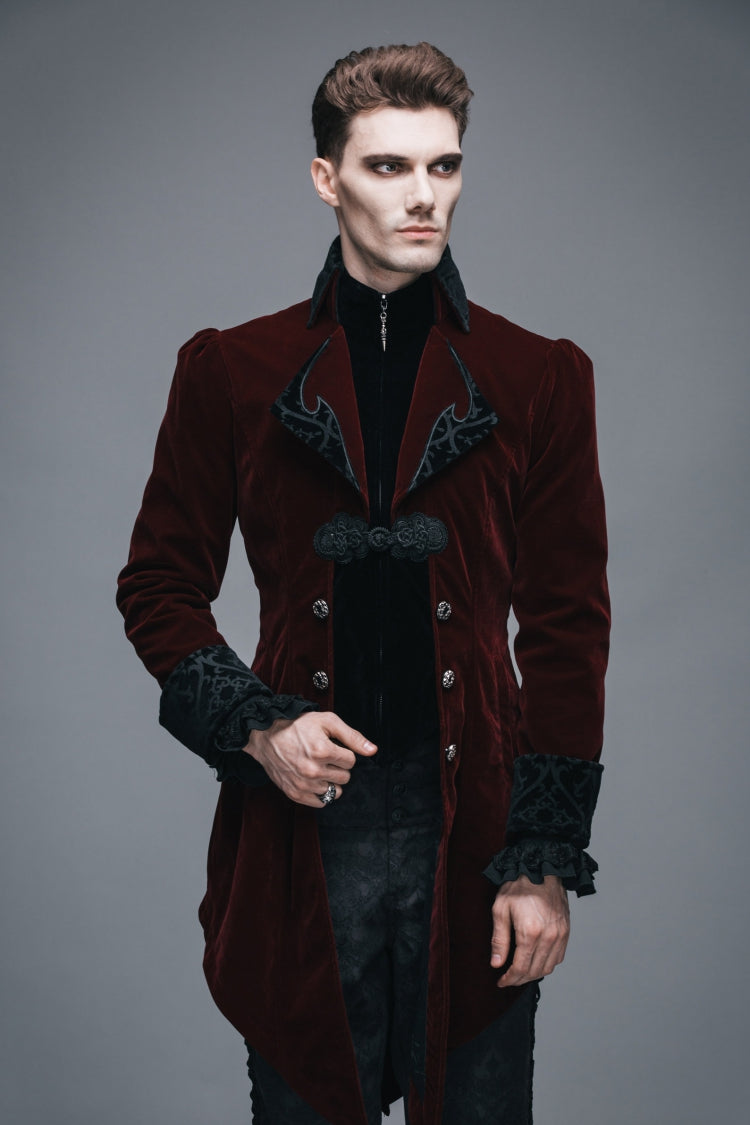 Wine Formal Party Turn Down Collar Long Sleeves Mens Gothic Swallowtail Coat - Product - 12