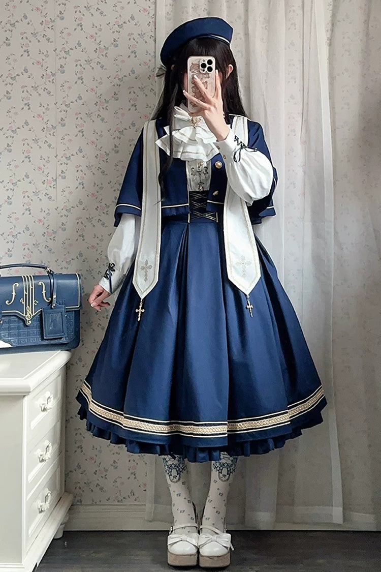 Blue [Choir] Sleeveless Ruffled Lace-Up Classic Military Preppy Style Lolita Bustier Dress Set - Product - 8
