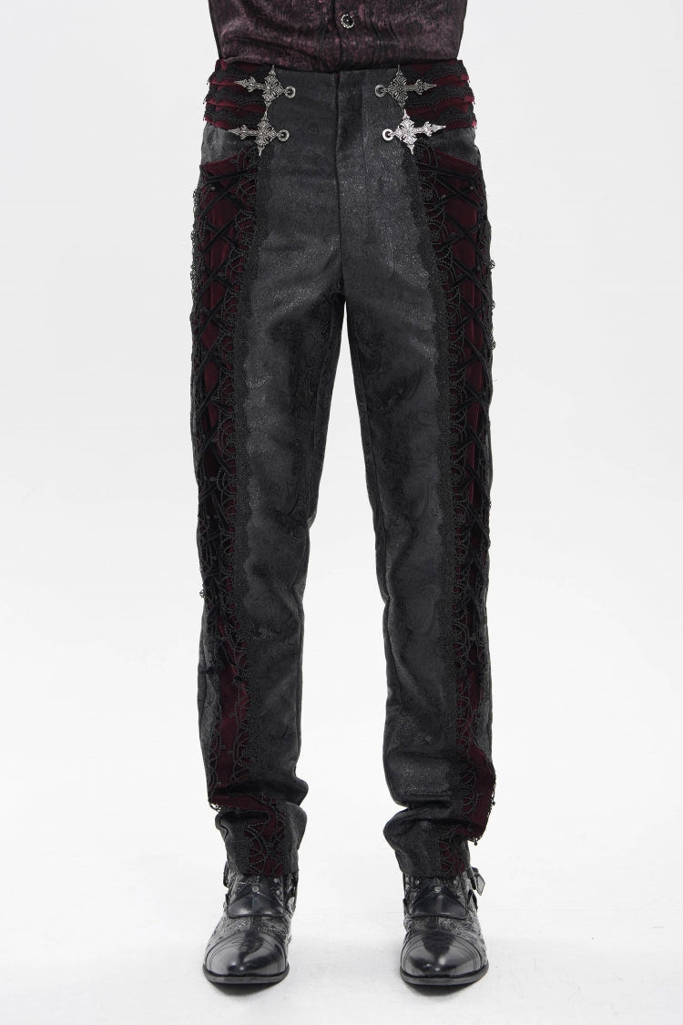 Black/Red Jacquard Spliced Lace-Up Slim Men's Gothic Velvet Palace Pants - Product - 3