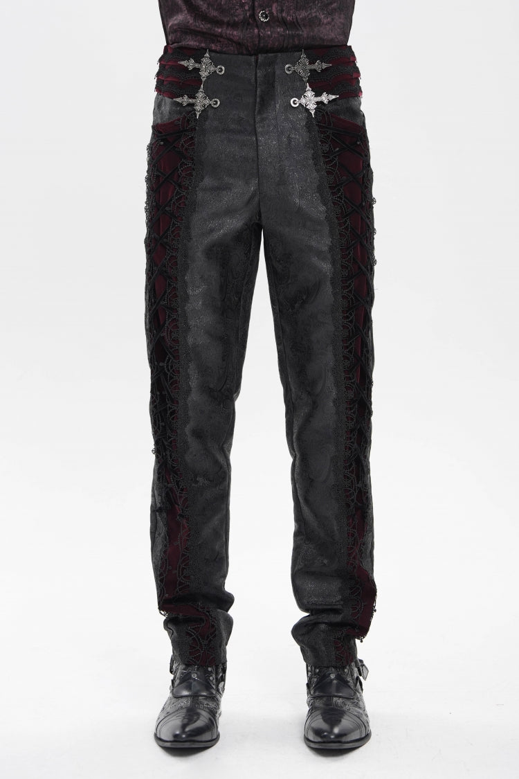 Black/Red Jacquard Spliced Lace-Up Slim Men's Gothic Velvet Palace Pants - Product - 3