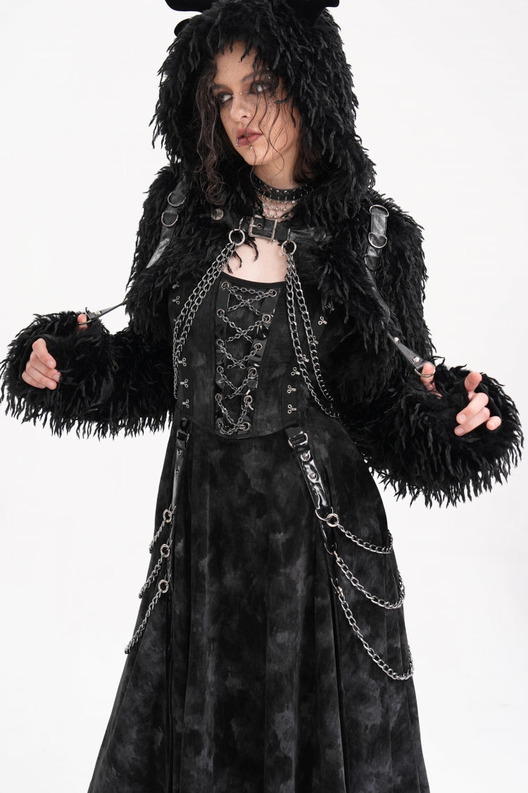 Black Long Sleeves Hooded Women's Gothic Chain Buckle-up Horn Cape - Product - 2