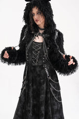 Black Long Sleeves Hooded Women's Gothic Chain Buckle-up Horn Cape - Product - 2