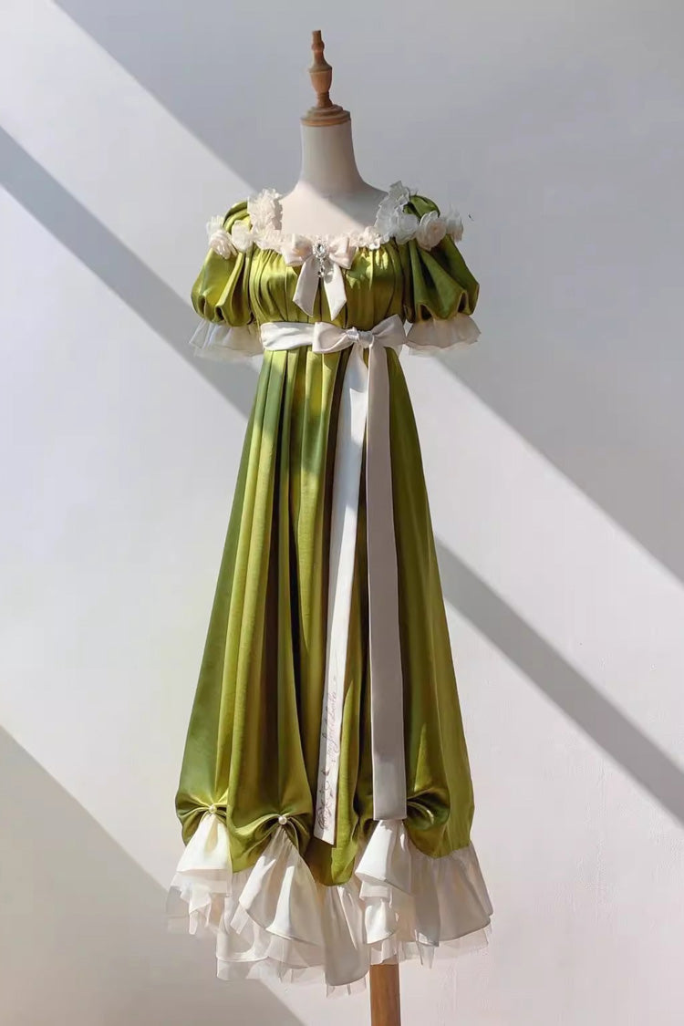 Green Square Collar Short Sleeves Ruffle Bowknot Sweet Regency-Style Vintage (Dress Only) detail view 3