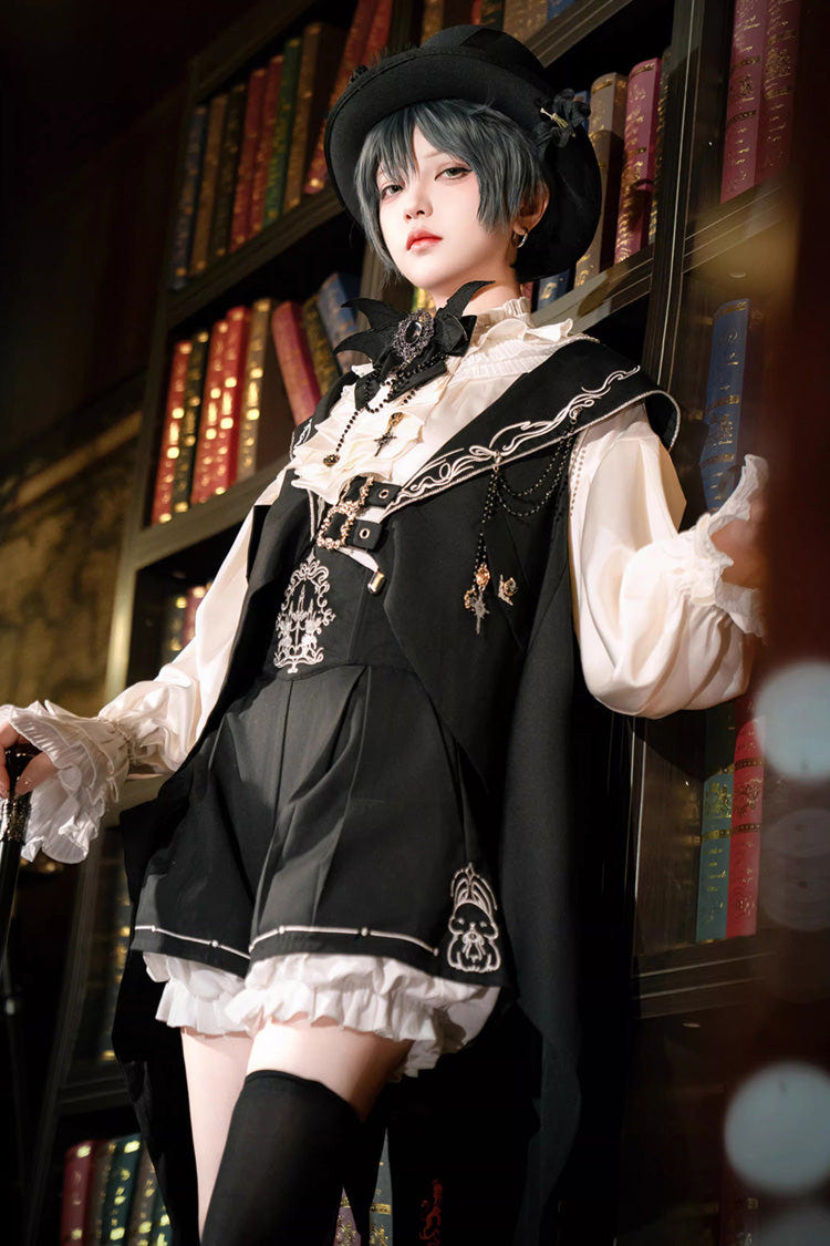 Black [Rabbit-Ear Meteorite] Stand Collar Long Sleeves Ruffled Embroidered Bow Gothic Ouji Lolita Shorts Vest Set - Product - 2