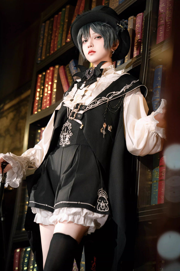 Black [Rabbit-Ear Meteorite] Stand Collar Long Sleeves Ruffled Embroidered Bow Gothic Ouji Lolita Shorts Vest Set - Product - 2
