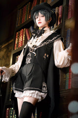 Black [Rabbit-Ear Meteorite] Stand Collar Long Sleeves Ruffled Embroidered Bow Gothic Ouji Lolita Shorts Vest Set - Product - 2