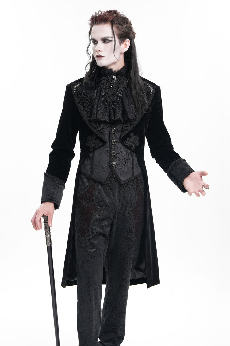 Black Long Sleeves Button Floral Embroidery Men's Gothic Jacket - Product - 7