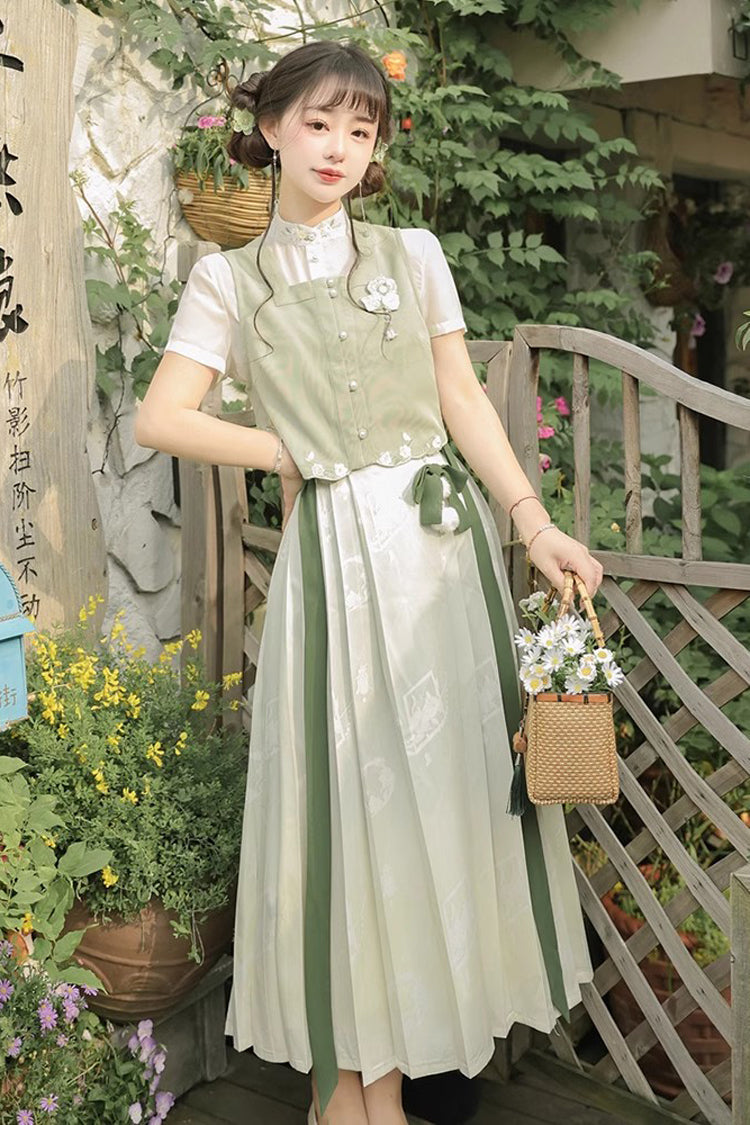 Green Round Collar Short Sleeves Embroidered Pearl Buttons Sweet Hanfu Dress Full Set - Product - 2