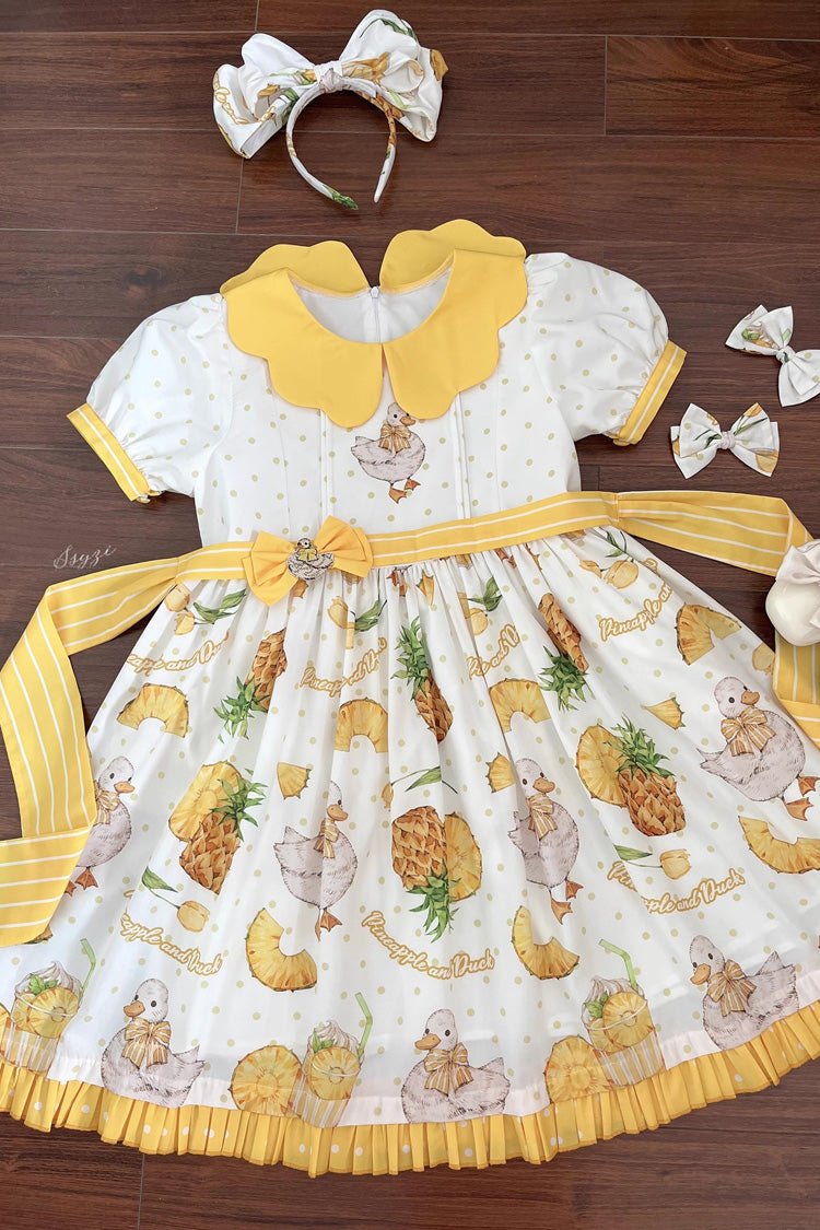 White/Yellow Sweet Duck Print Bowknot Puff Short Sleeves Lolita OP Dress - Product - 4