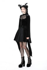 Black Long Trumpet Sleeves Spliced Lace-Up Spider Mesh Women's Gothic Velvet Wedding Dress - Product - 2