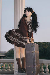 Dark Brown Multi-layer Bowknot College Style Autumn Winter Princess Sweet Lolita Skirt Set - Product - 2
