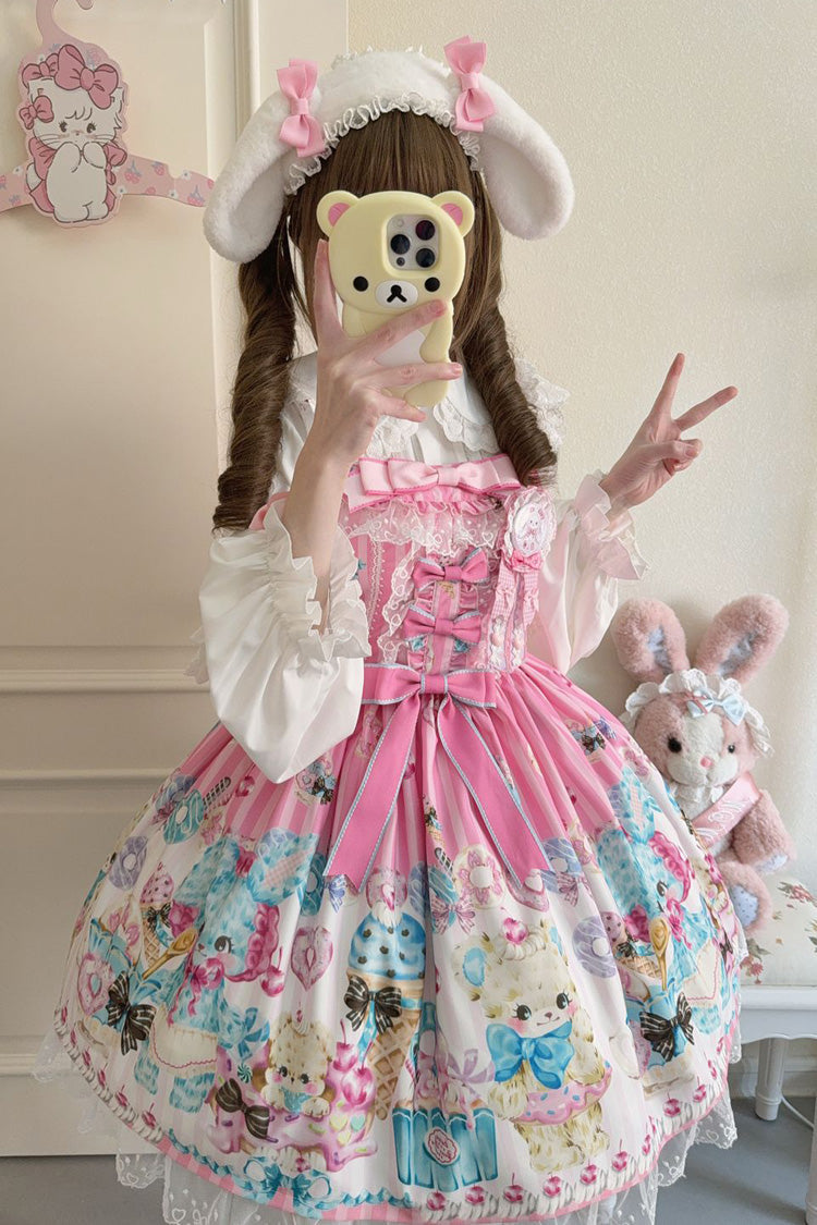 Pink [Floral Whisper] Bear Print Ruffle Bowknot Lace Sweet Princess Lolita Jsk Dress - Product - 3