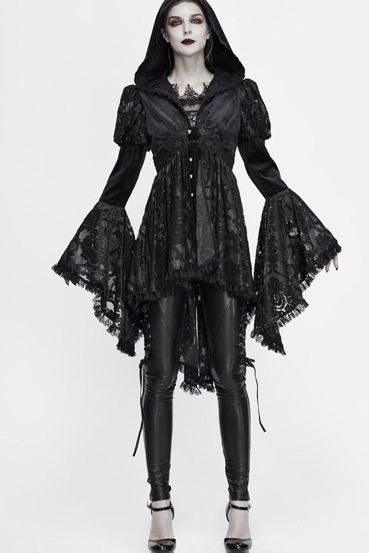 Black Knit Velvet Hooded Front Chest Decals Metal Retro Button Lace Cuff Women's Gothic Coat - Product - 2