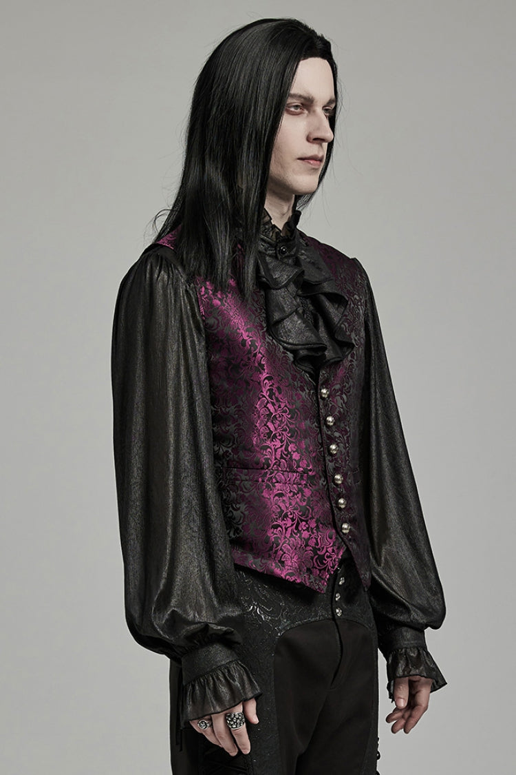 Black/Red Jacquard Lace-Up Slim Men's Gothic Vest - Product - 2
