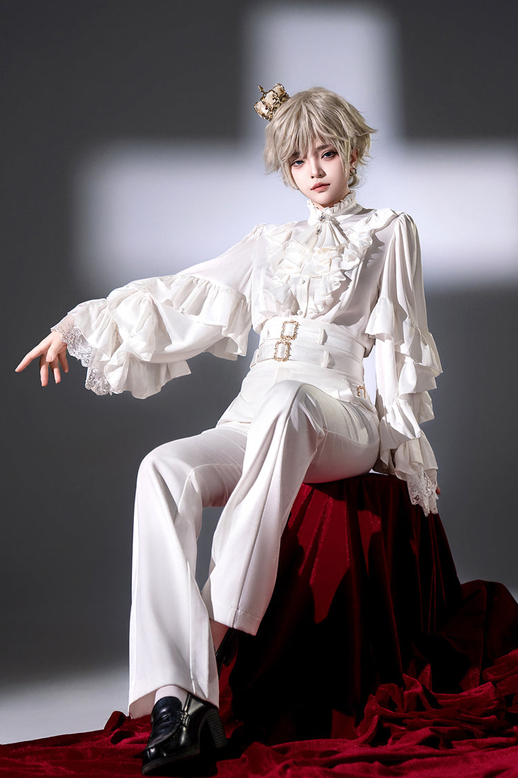 White [Day and Night Song] Long Sleeves Ruffle Ouji Gothic Lolita Skirt Pants - Product - 2