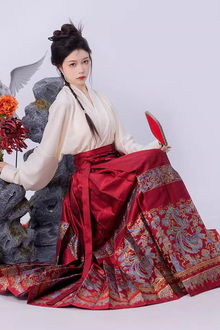 Red Chinese Style Print High Waisted Womens Hanfu Skirt - Product - 6