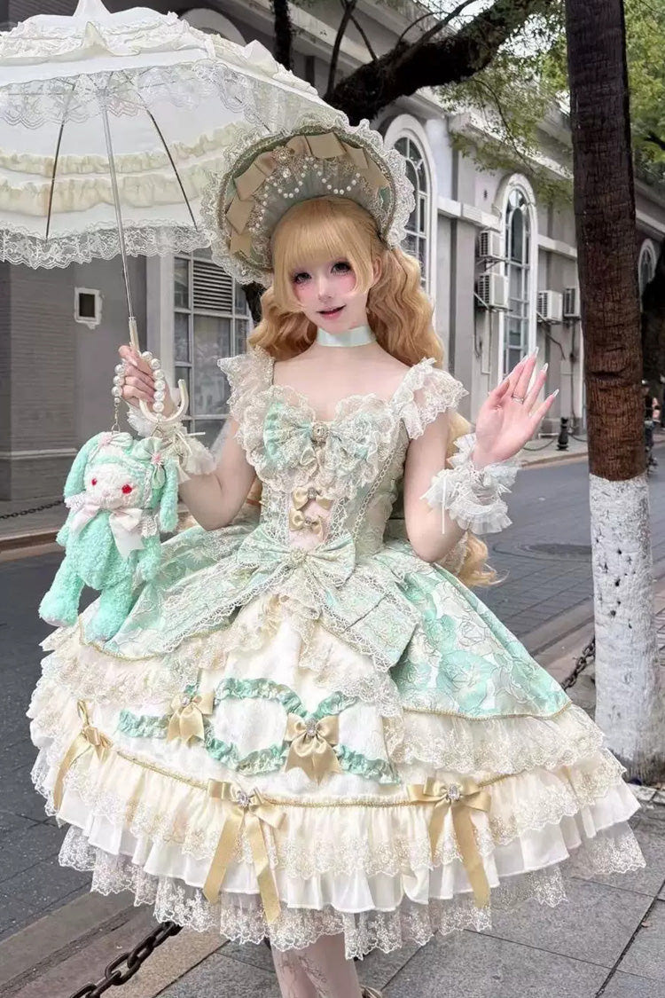 Green [Gilded Waltz] Square Collar Sleeveless Printed Ruffled Embroidered Bow Lace Gorgeous Sweet Lolita Jsk Dress - Green - 1
