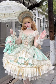 Green [Gilded Waltz] Square Collar Sleeveless Printed Ruffled Embroidered Bow Lace Gorgeous Sweet Lolita Jsk Dress - Green - 1