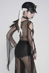 Black Round Collar Long Sleeves Cut-Out Sheer Eyelet Women's Punk Bat Cross Mesh T-Shirt - Product - 9