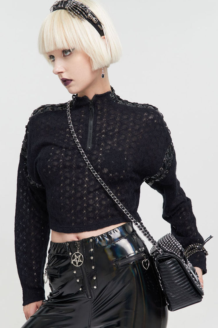 Black Wool Dropped Shoulders Perforated Sleeves Strap Connection Neck Zipper Loose Long Sleeve Women's Punk Sweater - Product - 3