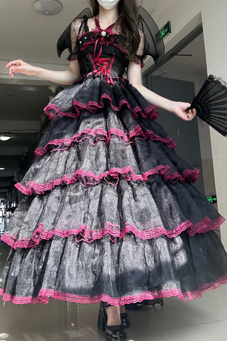 Black/Red Short Sleeves Multi-Layered Ruffle Hanayome Bowknot Lace Plus Size Sweet Lolita Dress (Long Version) - Product - 5