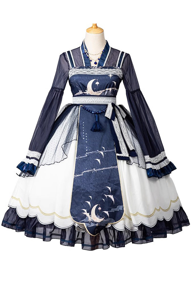 [Night and the Oriole] Print Ruffle Bowknot Lace Sweet Chinese Style Lolita Jsk Dress 2 Colors - Product - 3