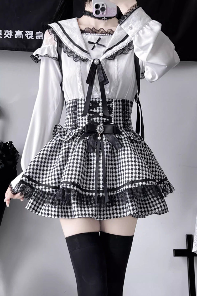 Sailor Collar Ruffle Bowknot Lace Jirai Kei Japanese Blouse 2 Colors - Product - 6