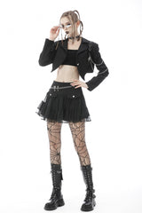 Black Lapel Collar Long Sleeves Chain-Decorated Women's Punk Irregular Short Jacket - Product - 2