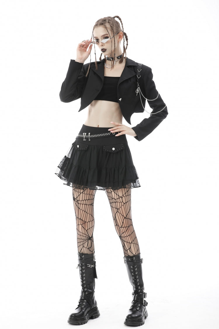 Black Lapel Collar Long Sleeves Chain-Decorated Women's Punk Irregular Short Jacket - Product - 2