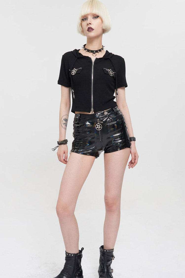Black Punk Front Metal Zipper Pentagram On Both Sides Hooded Women's T-Shirt - Product - 7
