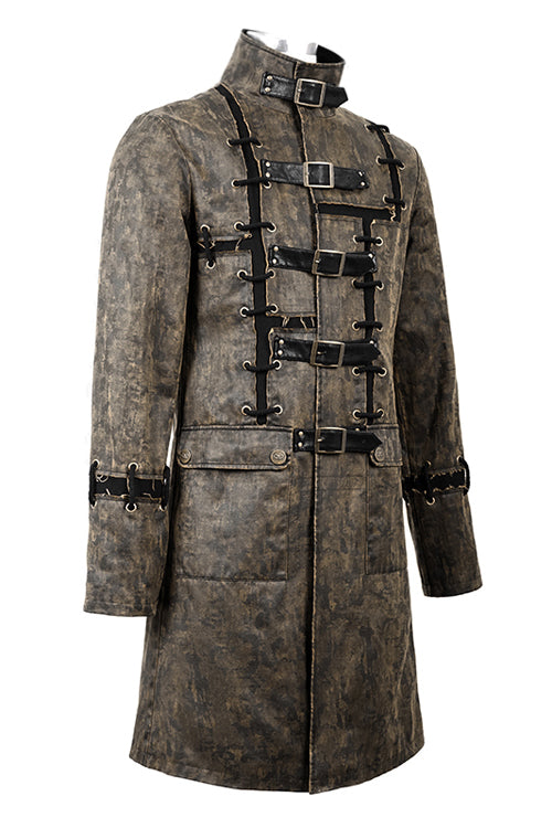 Brown Steampunk Patch Mens Long Leather Coat - Product - 6