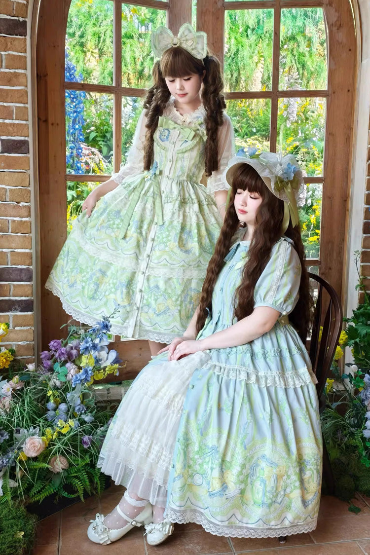 Ivory/Green [Lily of the Valley Perfume] Pearl Candy Tea Doll Collar Sleeveless Printed Lace Plus Size Sweet Lolita Jsk Dress - Product - 12