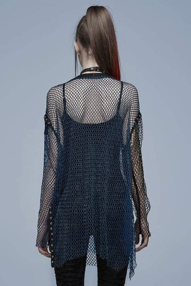 Blue Punk Daily No Elasticity Mesh Buttonhole Decoration Perspective Women's T-Shirt - Product - 3
