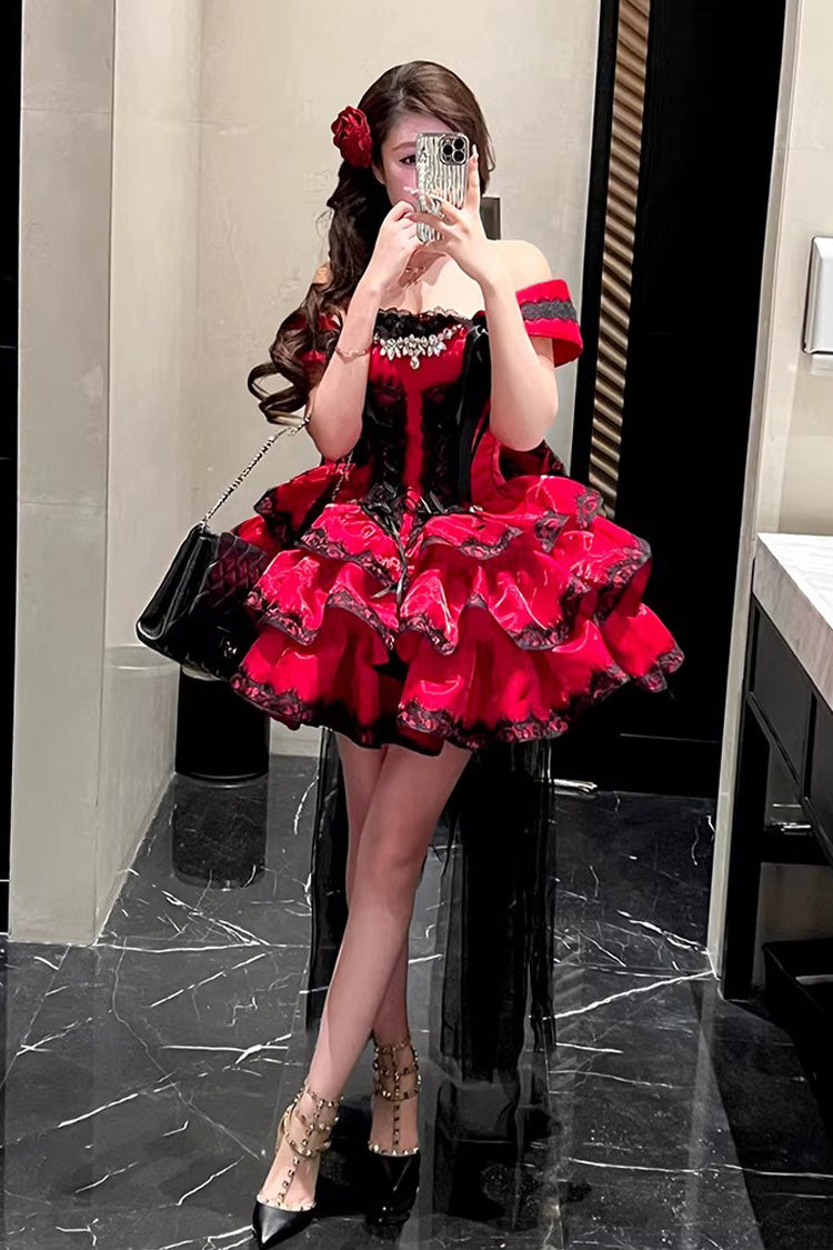 Red [Love Poems of the Heart] Sleeveless Triple-Layered Ruffled Lace Lace-Up Sweet Lolita Jsk Dress - Product - 9