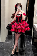 Red [Love Poems of the Heart] Sleeveless Triple-Layered Ruffled Lace Lace-Up Sweet Lolita Jsk Dress - Product - 9