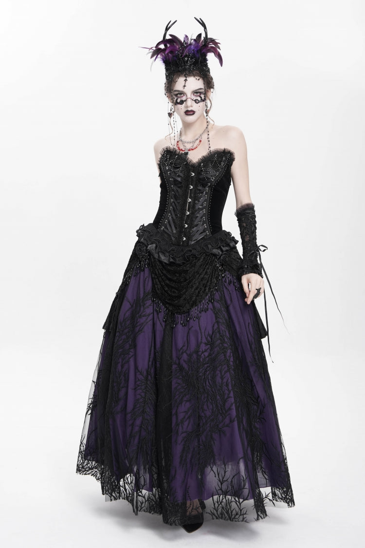 Black Sleeveless Beaded Lace Lace-Up Women's Gothic Overbust Corset - Product - 13