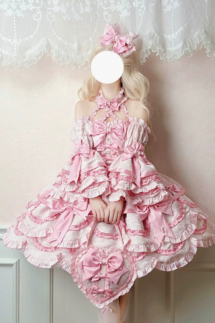 Pink [Sweetheart Petals] Halterneck Sleeveless Multi-Layered Jacquard Ruffled Bow Pearl Detail Sweet Lolita Jsk Dress - Product - 5