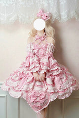 Pink [Sweetheart Petals] Halterneck Sleeveless Multi-Layered Jacquard Ruffled Bow Pearl Detail Sweet Lolita Jsk Dress - Product - 5