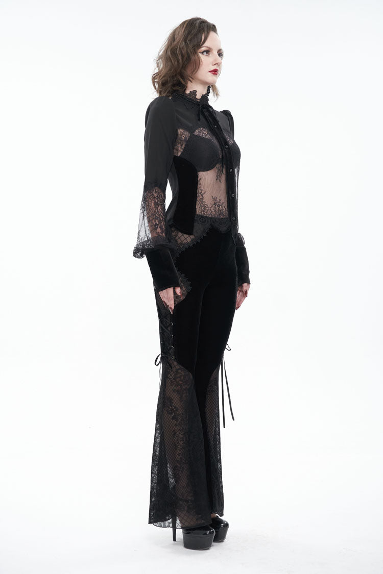 Black High Collar Translucent Lace Patchwork Bow Decoration Long Sleeve Women's Gothic Shirt - Product - 6