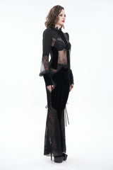 Black High Collar Translucent Lace Patchwork Bow Decoration Long Sleeve Women's Gothic Shirt - Product - 6