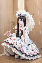 Beige [Mystery Rabbit Tea Party] Sleeveless Print Ruffle Bowknot Lace Sweet Lolita Jsk Dress - Product - 3