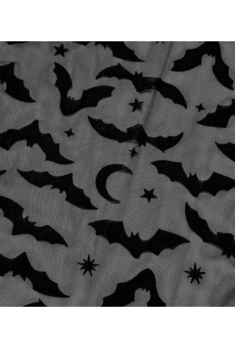 Black Minimalist Flared Sleeve Bat Moon Flocking Print Pattern Long Sleeves Punk Women's Dress - Product - 8